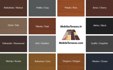 Color swatches of various wood finishes with 'MobileTerraces.com' branding.