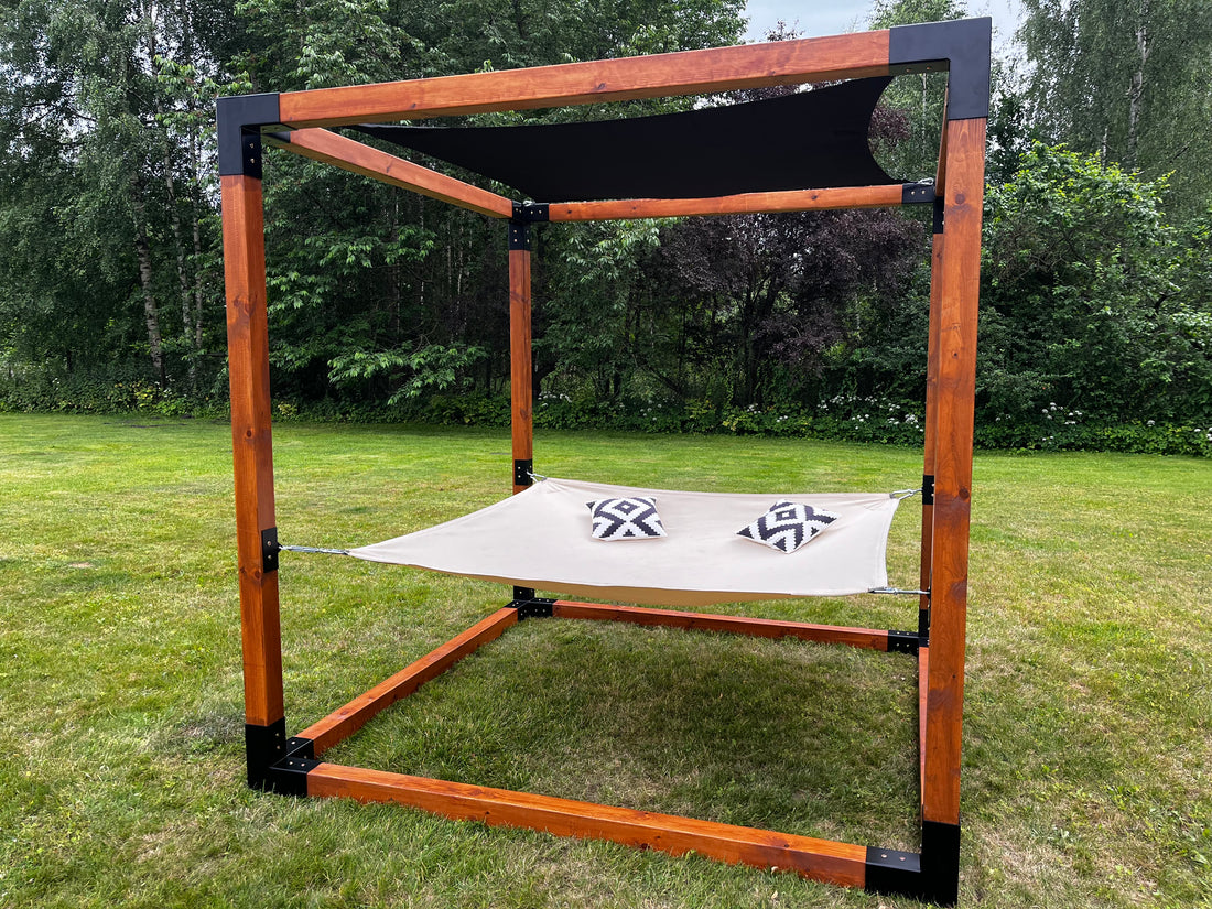 Sunshade for modular relaxation cube with tensioners.