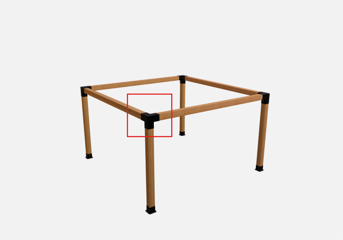 Terases 3-way corner bracket for pergolas, fits 145x145mm lumber, showing sturdy metal connection at a corner joint.