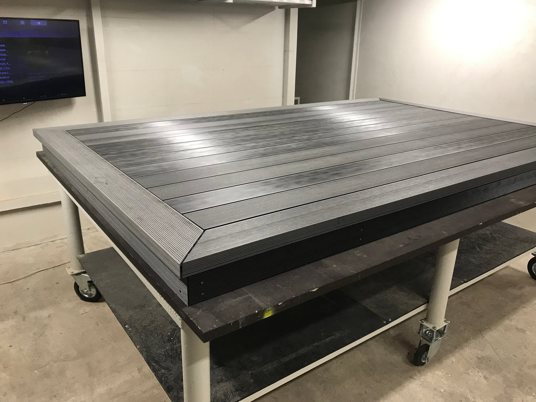 Large flatbed truck with LED lights in a workshop setting